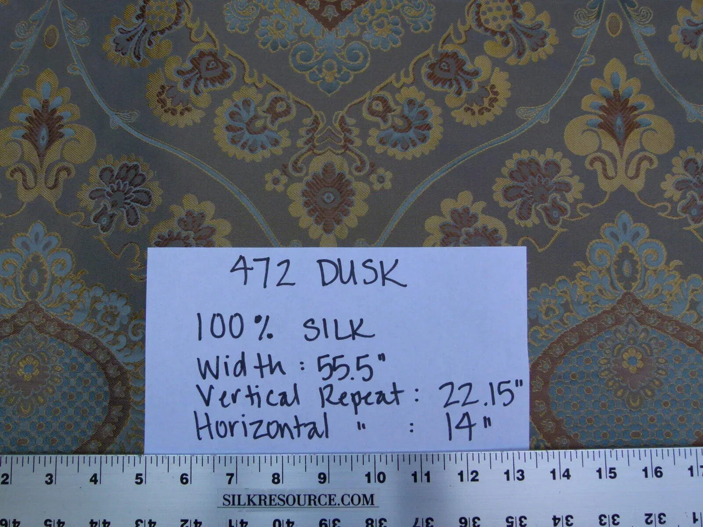 By Yd 100%silk Lampas Renaissance Medallion of Flora Dusk Taupe Gold Brown Blue