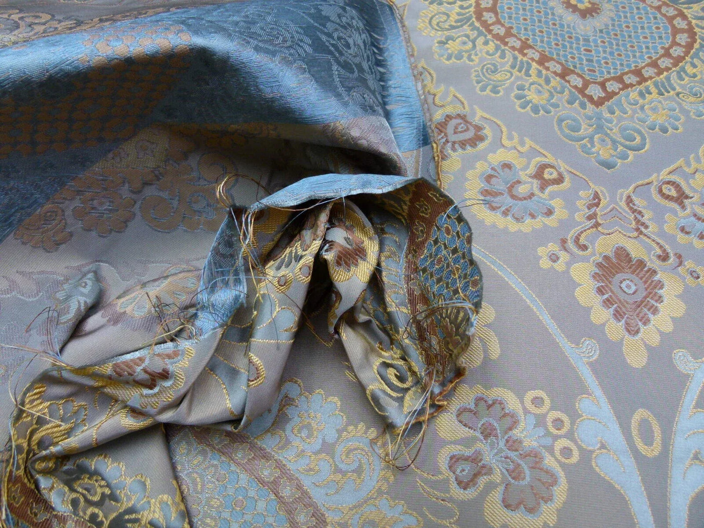 By Yd 100%silk Lampas Renaissance Medallion of Flora Dusk Taupe Gold Brown Blue
