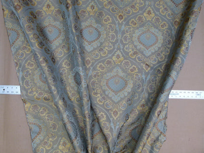 By Yd 100%silk Lampas Renaissance Medallion of Flora Dusk Taupe Gold Brown Blue