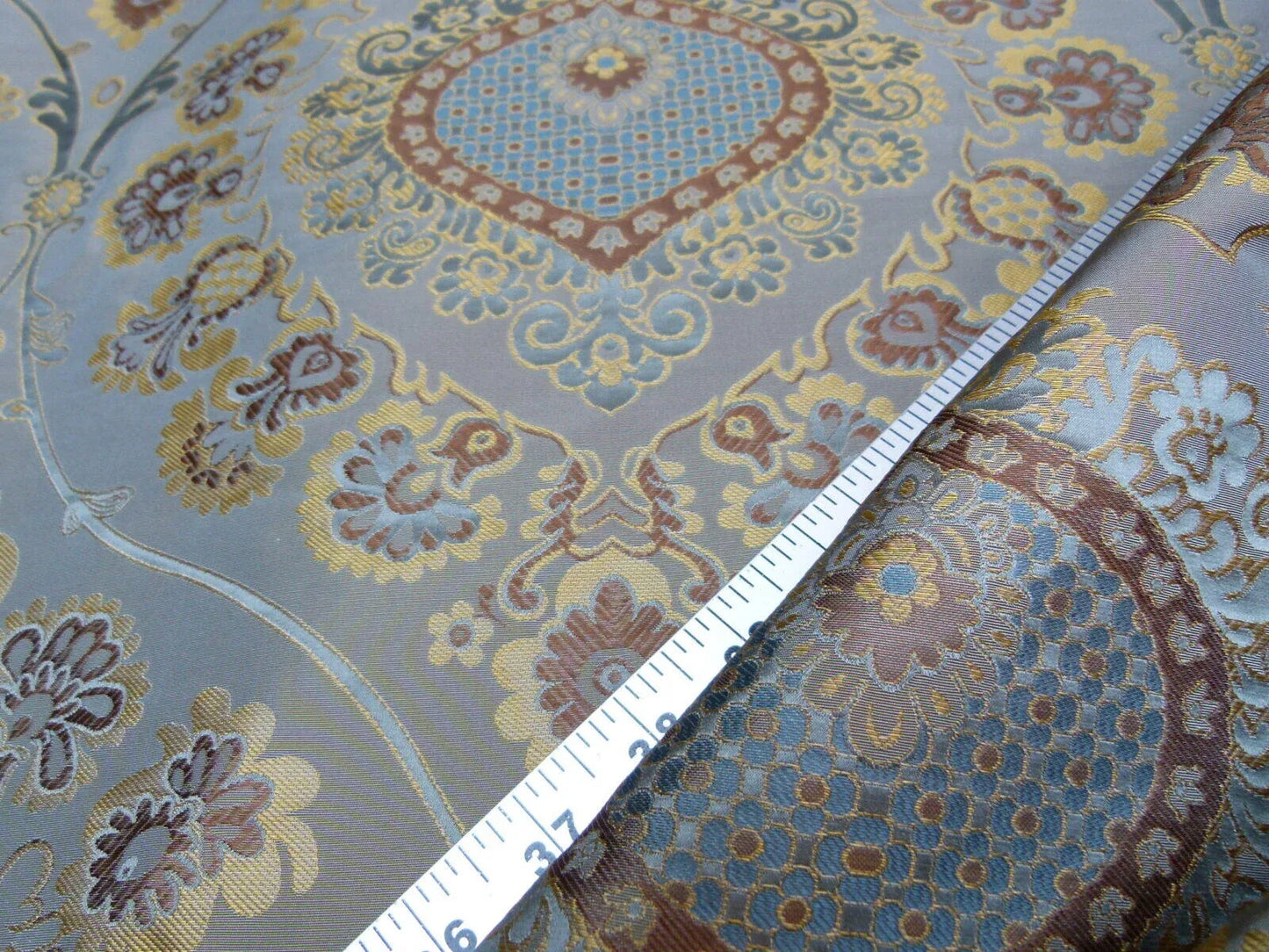 By Yd 100%silk Lampas Renaissance Medallion of Flora Dusk Taupe Gold Brown Blue