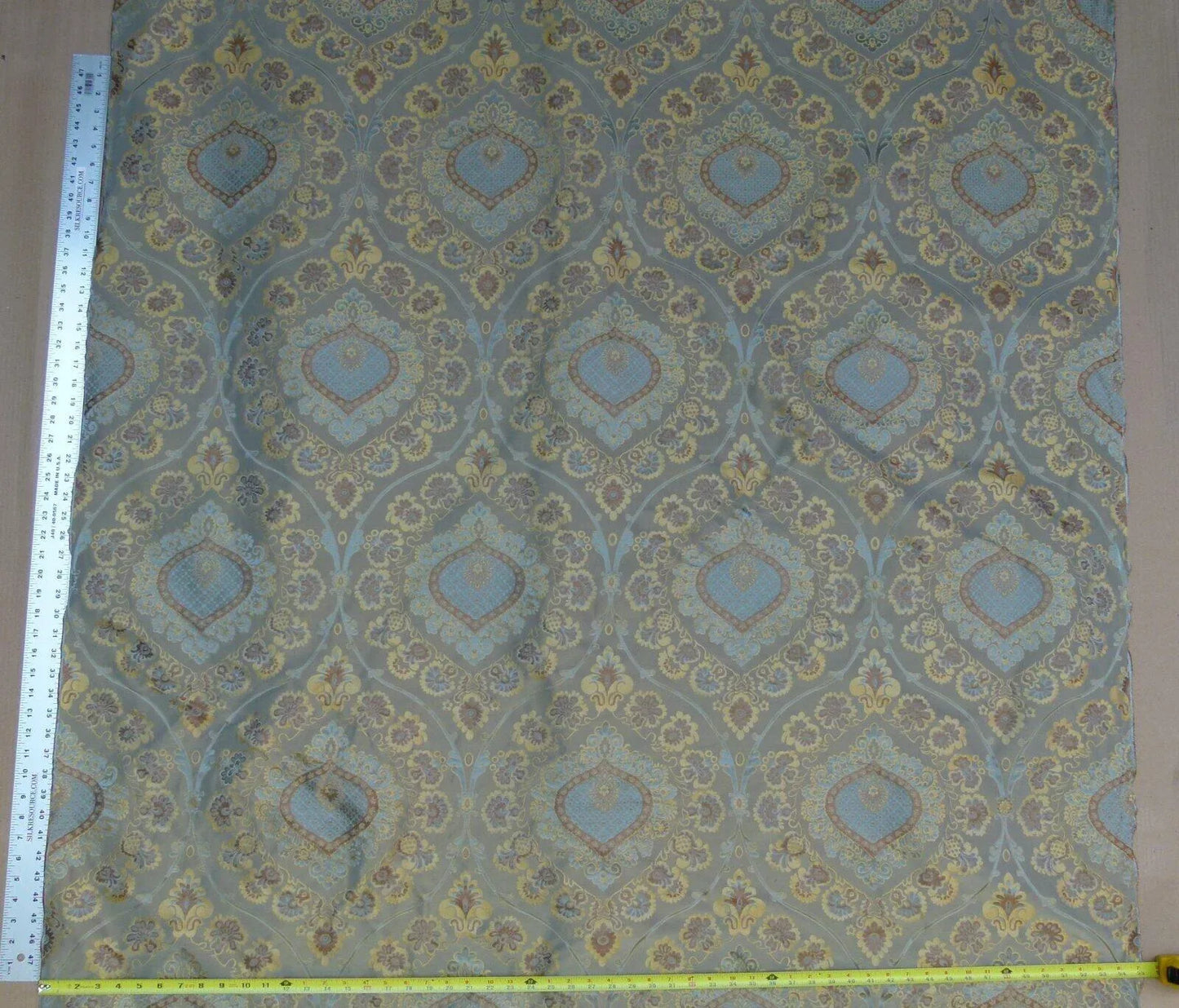 By Yd 100%silk Lampas Renaissance Medallion of Flora Dusk Taupe Gold Brown Blue