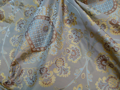 By Yd 100%silk Lampas Renaissance Medallion of Flora Dusk Taupe Gold Brown Blue