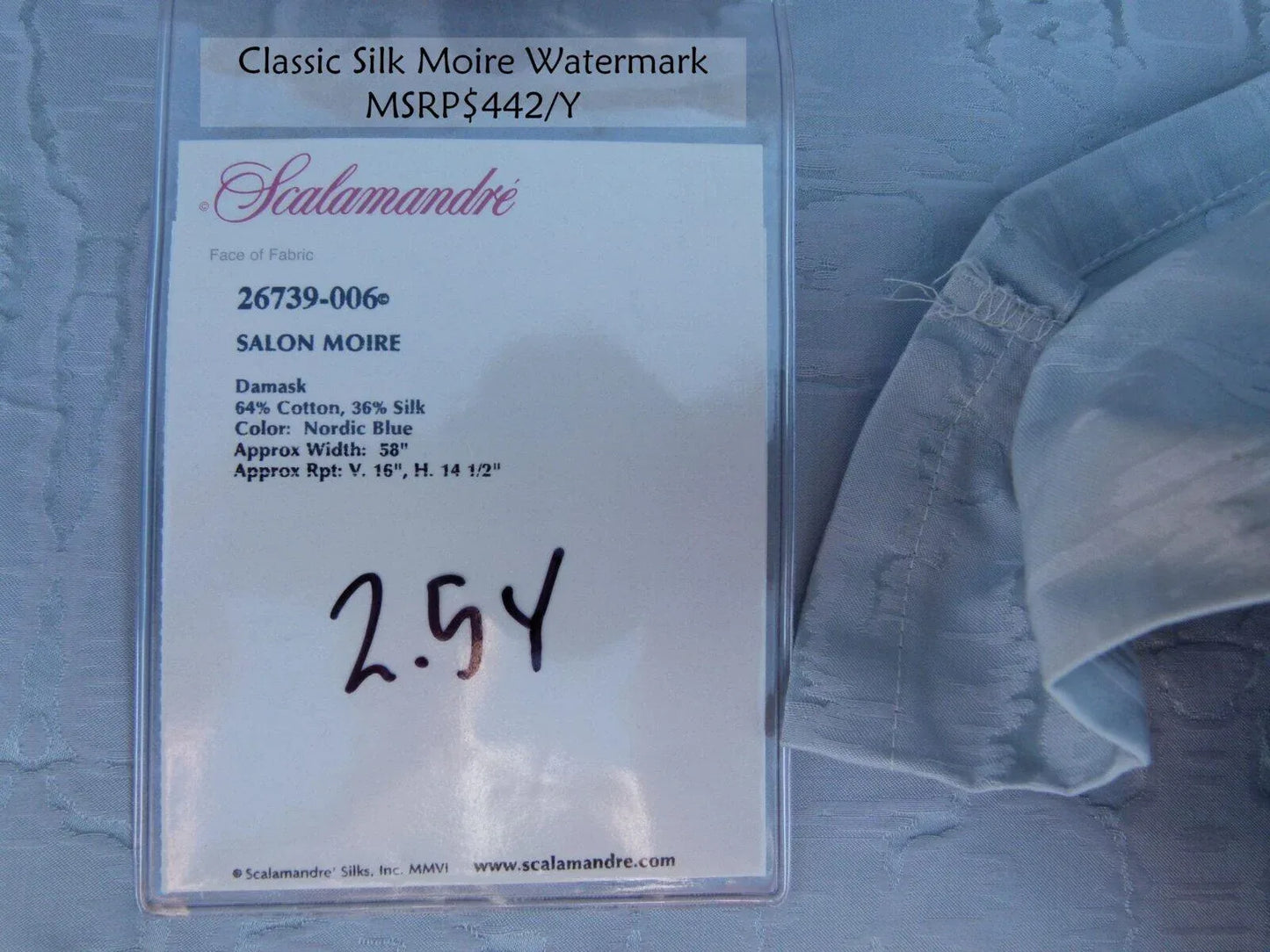 2.5y Scalamandre Salon Moire Nordic Blue Classic Silk Moire Watermark Historical Reversible MSRP USD 442/Y