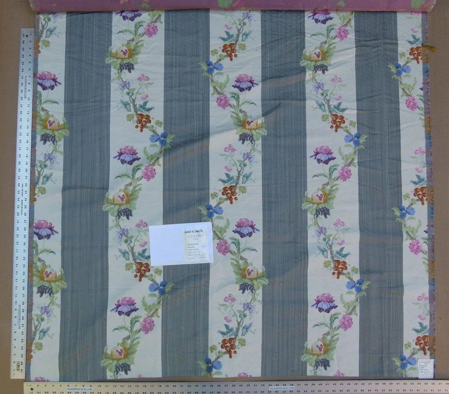 2.2y Scalamandre Colony Ravello Grigio Grey Cream Pink Purple Green Red Floral Fruit Woven Stripe MSRP USD 390/Y