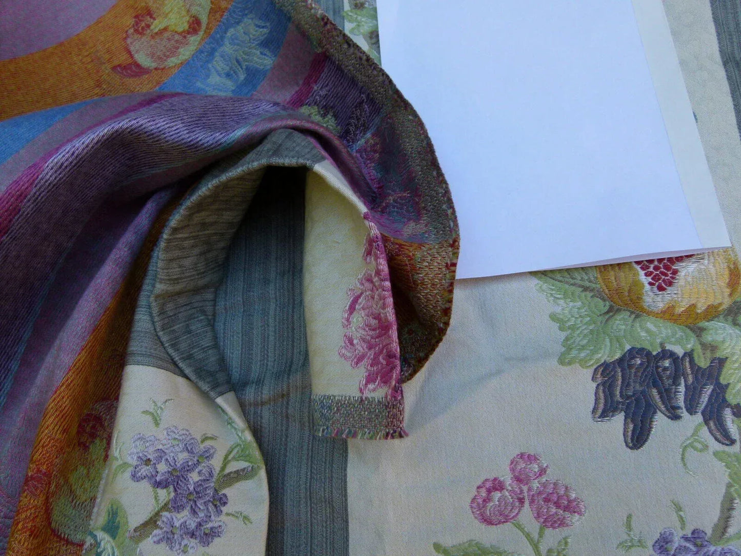 2.2y Scalamandre Colony Ravello Grigio Grey Cream Pink Purple Green Red Floral Fruit Woven Stripe MSRP USD 390/Y