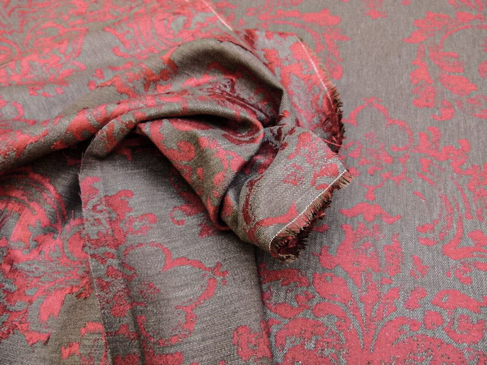 Scalamandre Agios Damask Red On Brown Magnificent Renaissance Damask Fil Coupe Old World Weavers  MSRP USD 296/Y