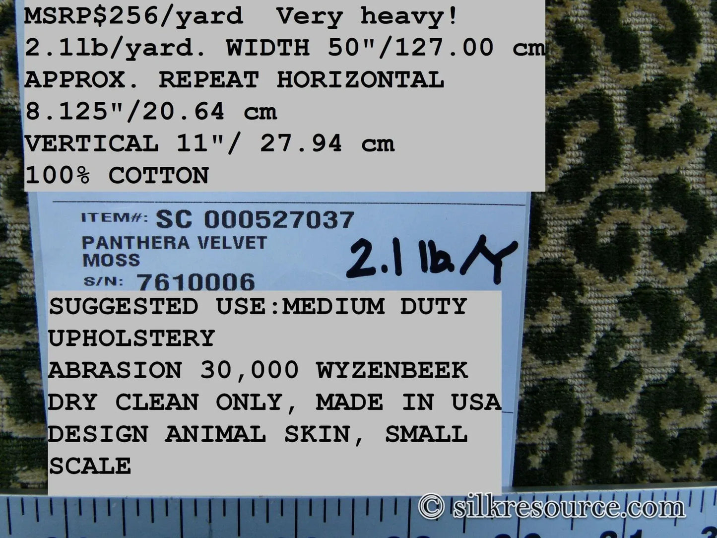 Scalamandre Panthera Velvet Moss Green Panther Leopard Skin Cotton MSRP USD 395/Y