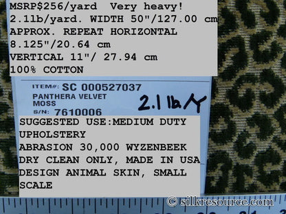 1.2Y Scalamandre Panthera Velvet Moss Green Panther Leopard Skin MSRP USD 256/Y Minor Defect