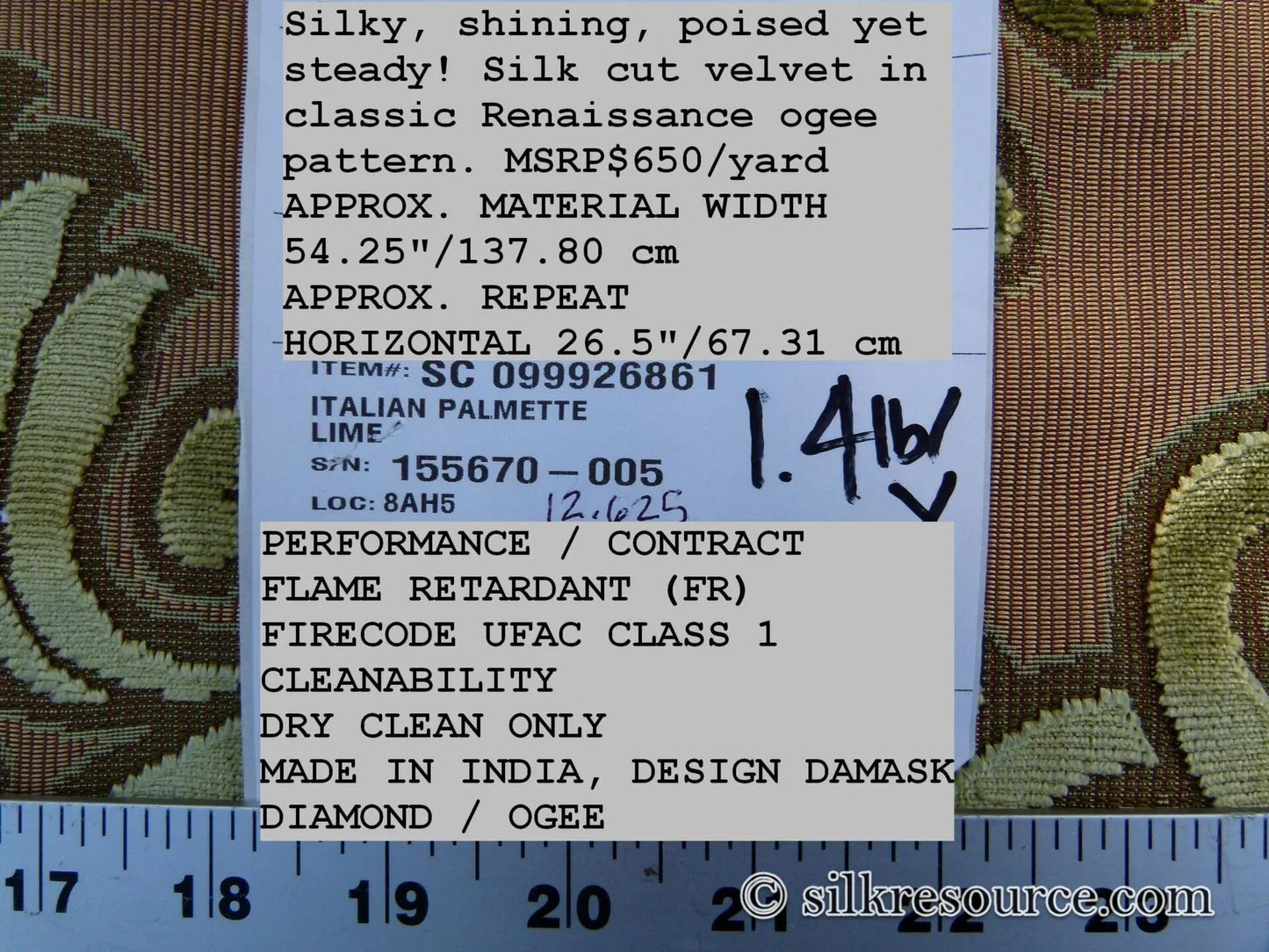 Scalamandre Italian Palmett Lime Green Palm Motif Silk Velvet Decadent Damask MSRP USD 650/Y