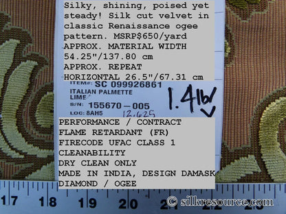Scalamandre Italian Palmett Lime Green Palm Motif Silk Velvet Decadent Damask MSRP USD 650/Y