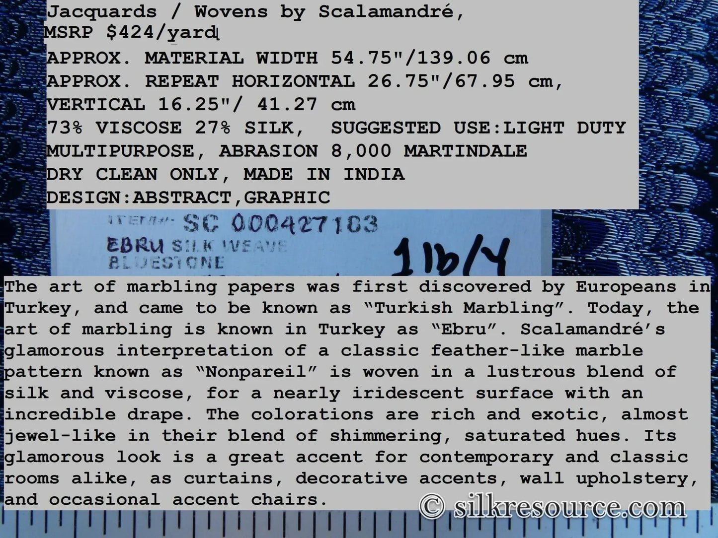 Scalamandre Ebru Silk Weave Bluestone Marbled Paper Silk Jacquard Texture Deep Blue Black Ocean MSRP USD 424/Y