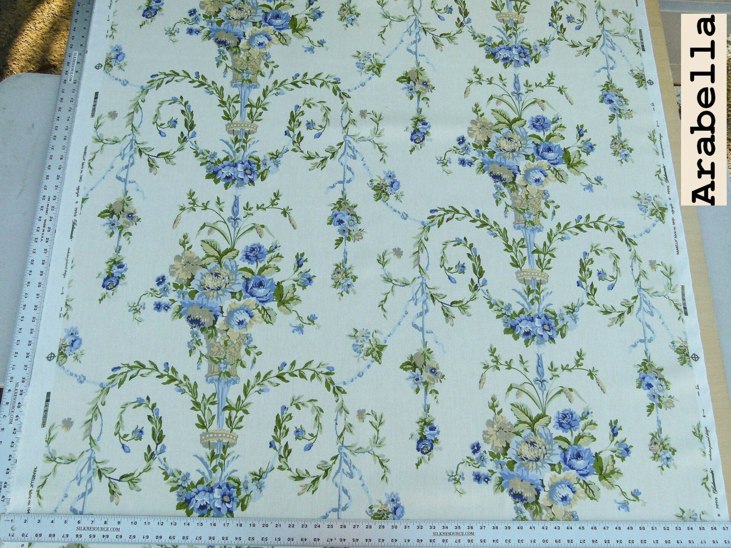Scalamandre Arabella Print Blues, Golds &amp; Greens Heavy Linen Floral Foliage Neoclassic Scroll Design MSRP USD 400+/Y