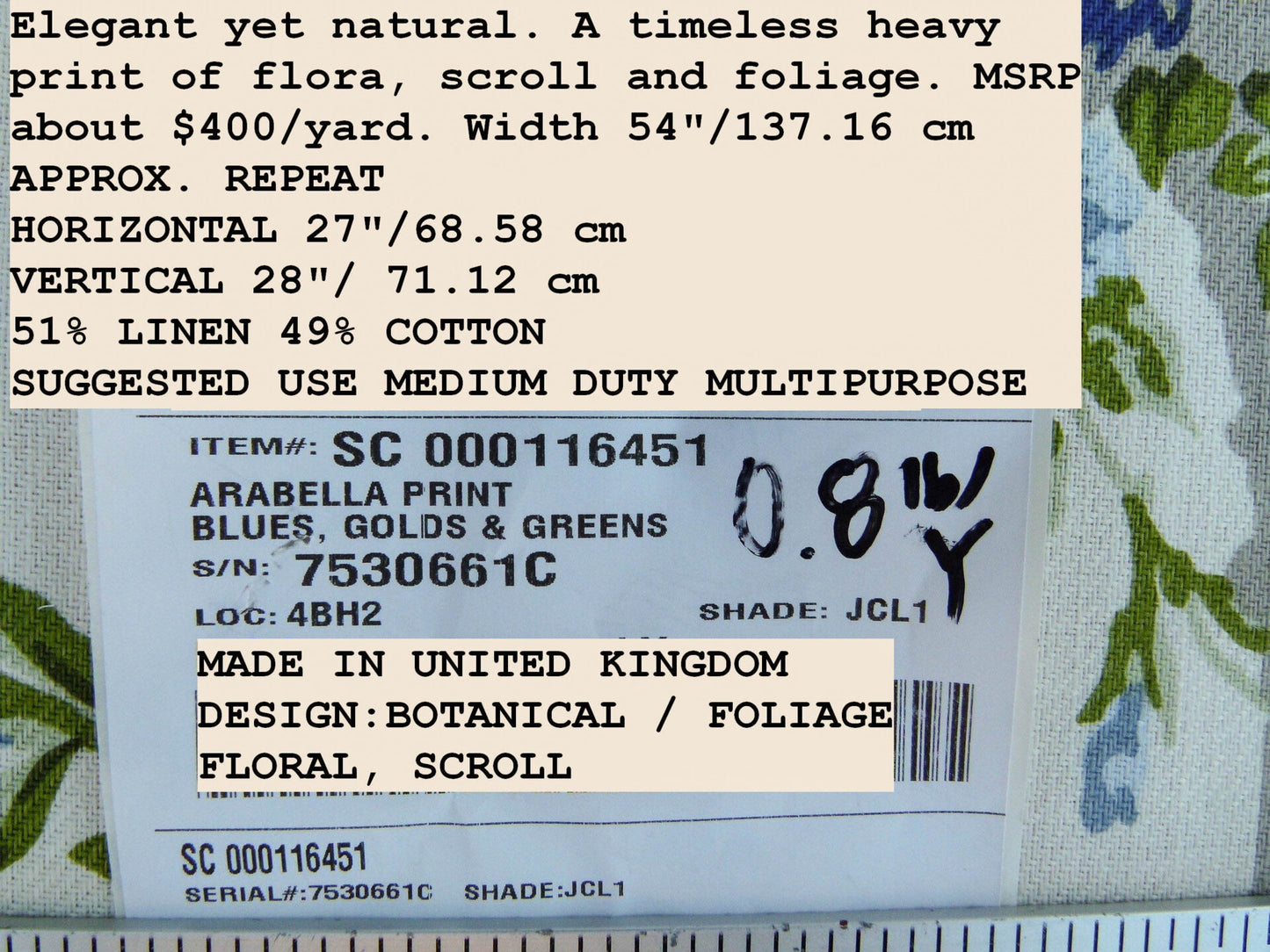 Scalamandre Arabella Print Blues, Golds &amp; Greens Heavy Linen Floral Foliage Neoclassic Scroll Design MSRP USD 400+/Y