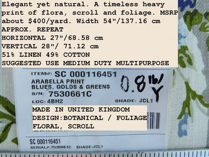 Scalamandre Arabella Print Blues, Golds &amp; Greens Heavy Linen Floral Foliage Neoclassic Scroll Design MSRP USD 400+/Y