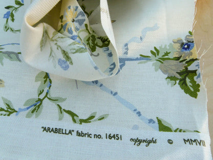 Scalamandre Arabella Print Blues, Golds &amp; Greens Heavy Linen Floral Foliage Neoclassic Scroll Design MSRP USD 400+/Y