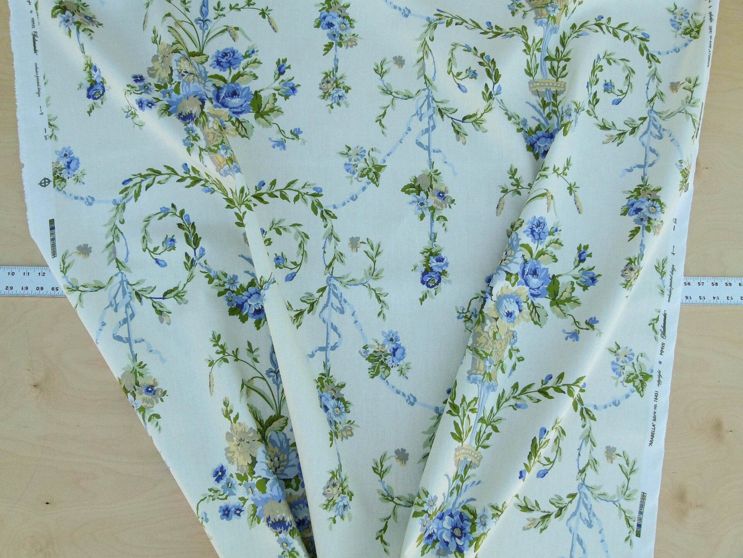Scalamandre Arabella Print Blues, Golds &amp; Greens Heavy Linen Floral Foliage Neoclassic Scroll Design MSRP USD 400+/Y