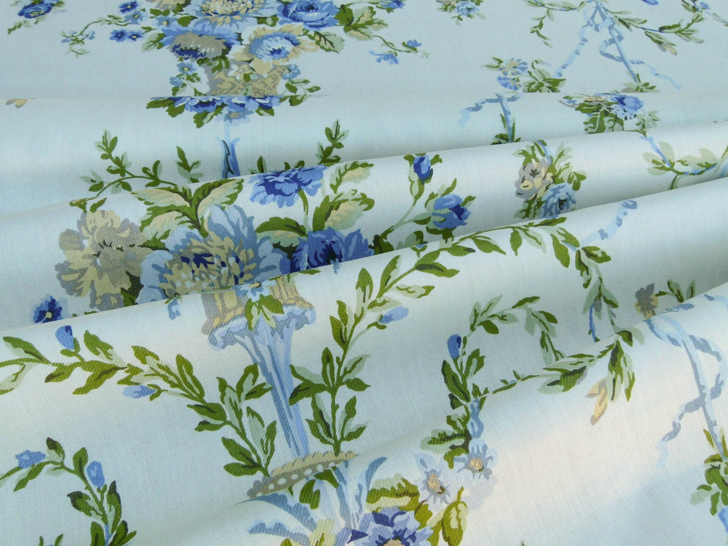 Scalamandre Arabella Print Blues, Golds &amp; Greens Heavy Linen Floral Foliage Neoclassic Scroll Design MSRP USD 400+/Y