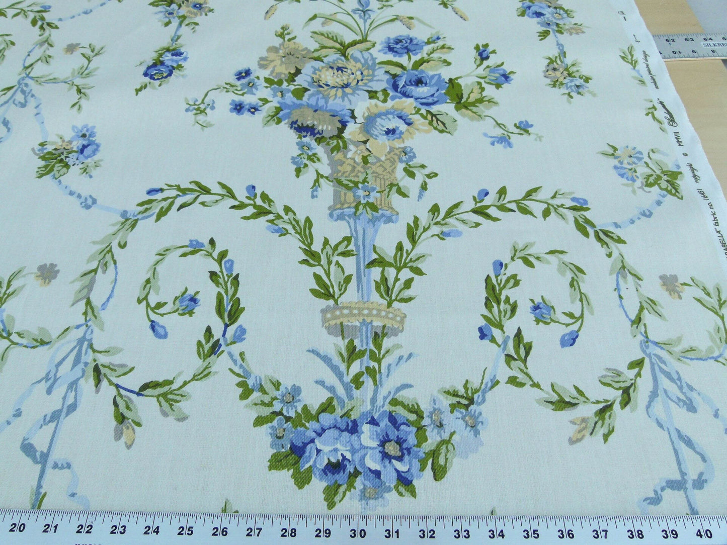 Scalamandre Arabella Print Blues, Golds &amp; Greens Heavy Linen Floral Foliage Neoclassic Scroll Design MSRP USD 400+/Y