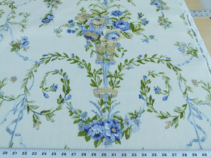 Scalamandre Arabella Print Blues, Golds &amp; Greens Heavy Linen Floral Foliage Neoclassic Scroll Design MSRP USD 400+/Y