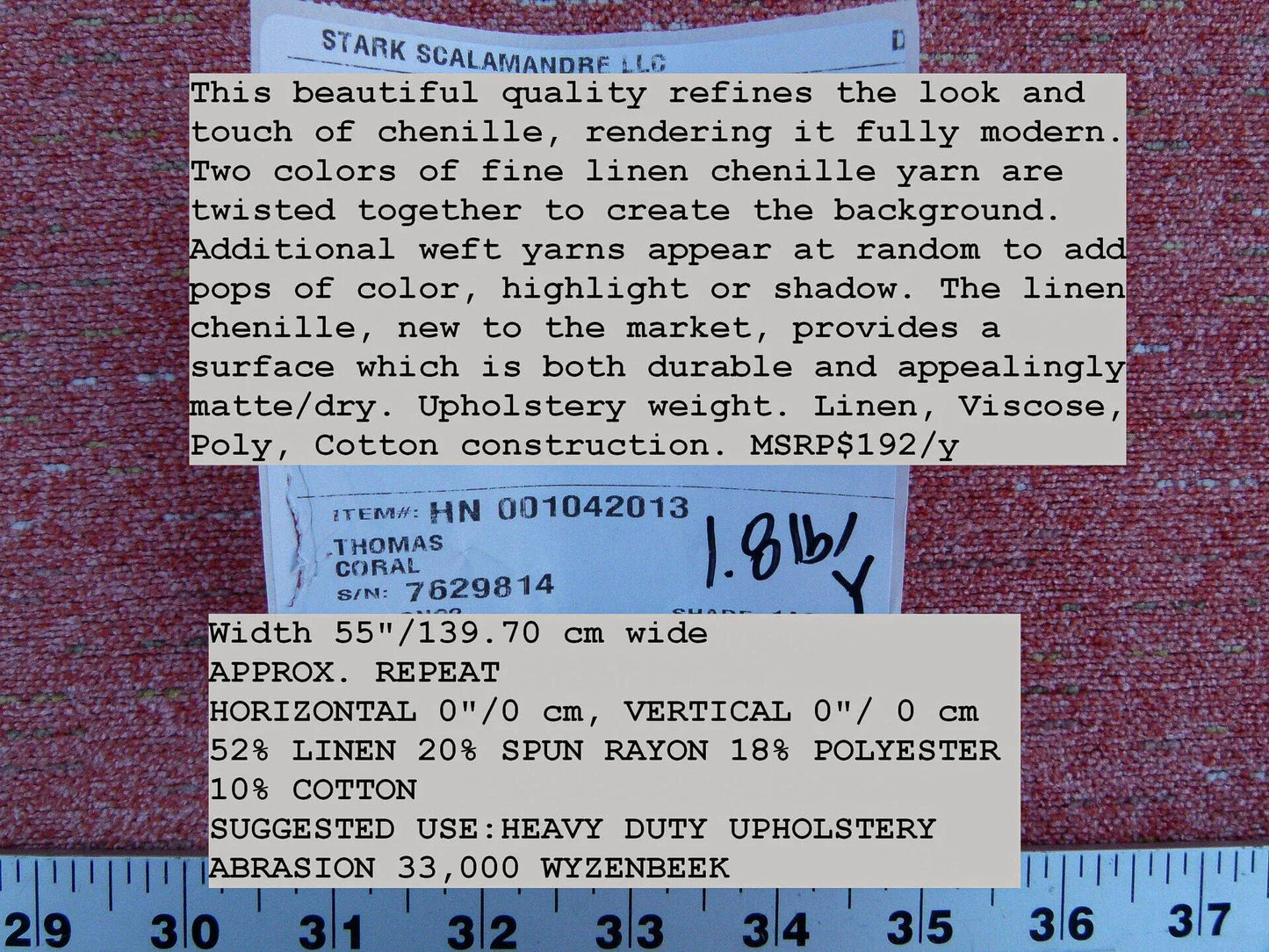 Scalamandre Thomas Coral Linen Chenille Viscose, Polycotton Pink MSRP USD 192/y