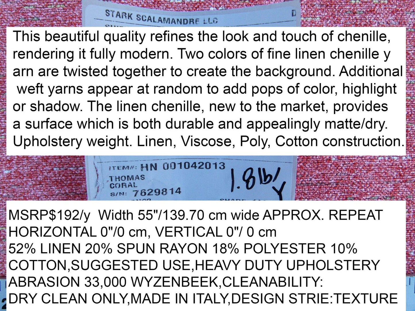 Scalamandre Thomas Coral Linen Chenille Viscose, Polycotton Pink MSRP USD 192/y