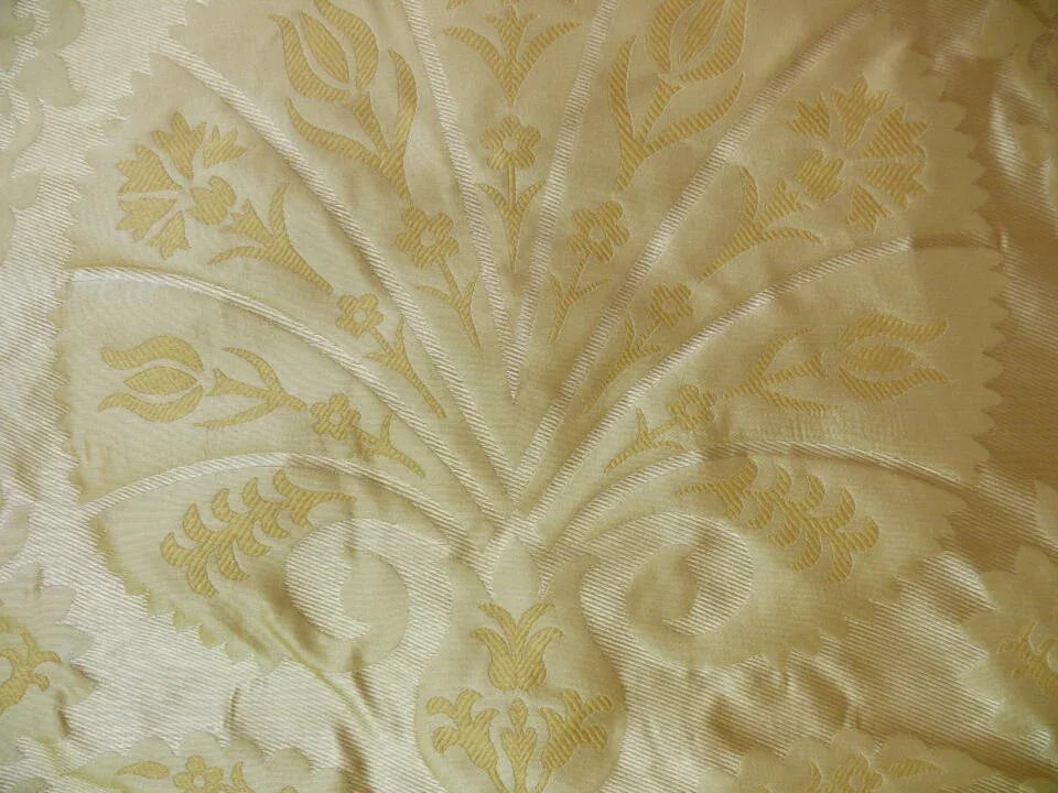100%silk Lampas Tulip Fan Damask 536 "flax" Off White Beige Gold Bty MSRP USD296/y!