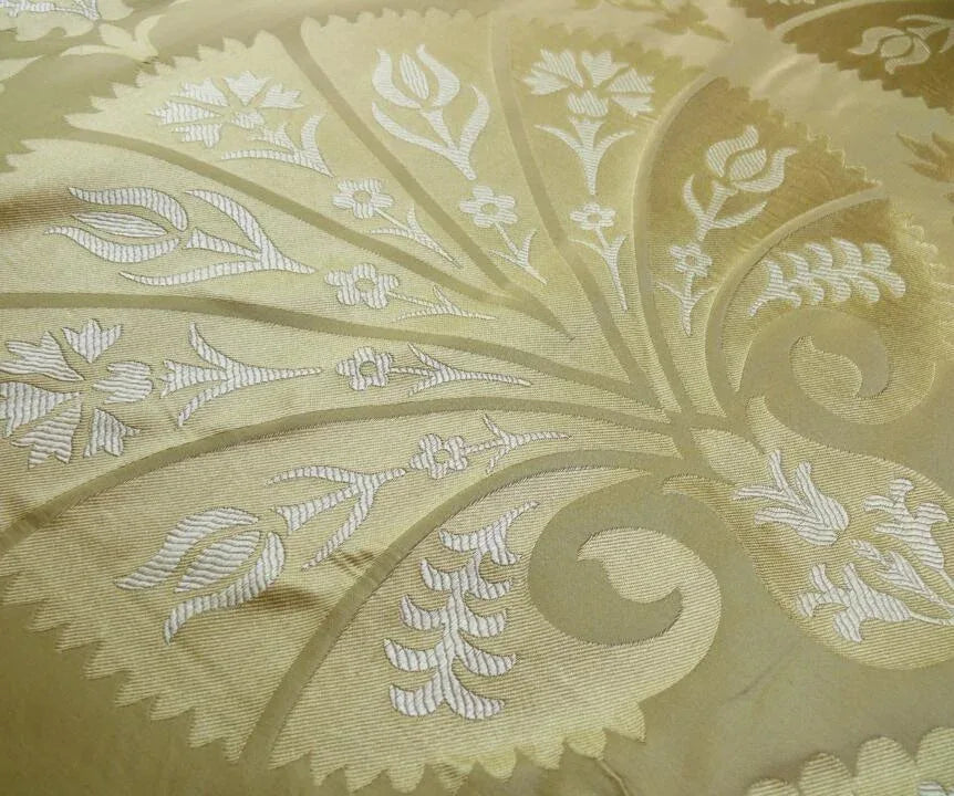 100%silk Lampas Tulip Fan Damask 536 "flax" Off White Beige Gold Bty MSRP USD296/y!