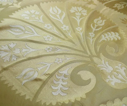 100%silk Lampas Tulip Fan Damask 536 "flax" Off White Beige Gold Bty MSRP USD296/y!