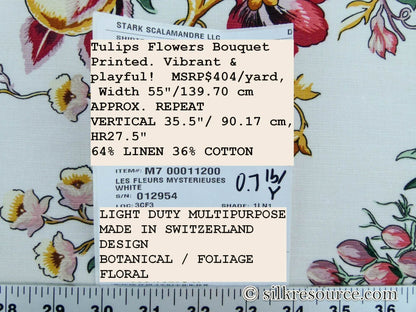 Scalamandre Les Fleurs Mysterieuses White Tulips Flowers Bouquet Printed Linen Cotton MSRP USD 404/Y By Grey Watkins