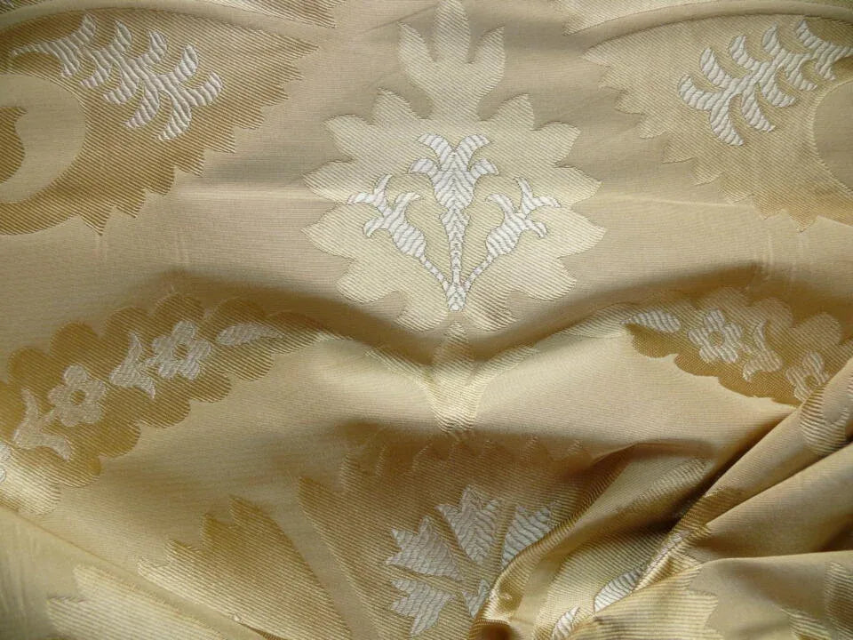 100%silk Lampas Tulip Fan Damask 536 "flax" Off White Beige Gold Bty MSRP USD296/y!