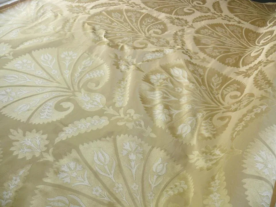 100%silk Lampas Tulip Fan Damask 536 "flax" Off White Beige Gold Bty MSRP USD296/y!