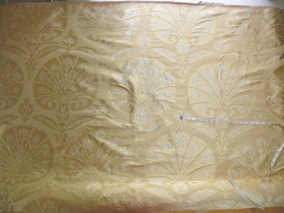 100%silk Lampas Tulip Fan Damask 536 "flax" Off White Beige Gold Bty MSRP USD296/y!