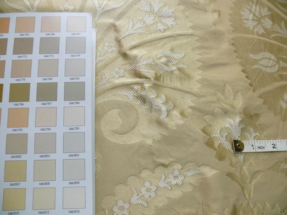 100%silk Lampas Tulip Fan Damask 536 "flax" Off White Beige Gold Bty MSRP USD296/y!