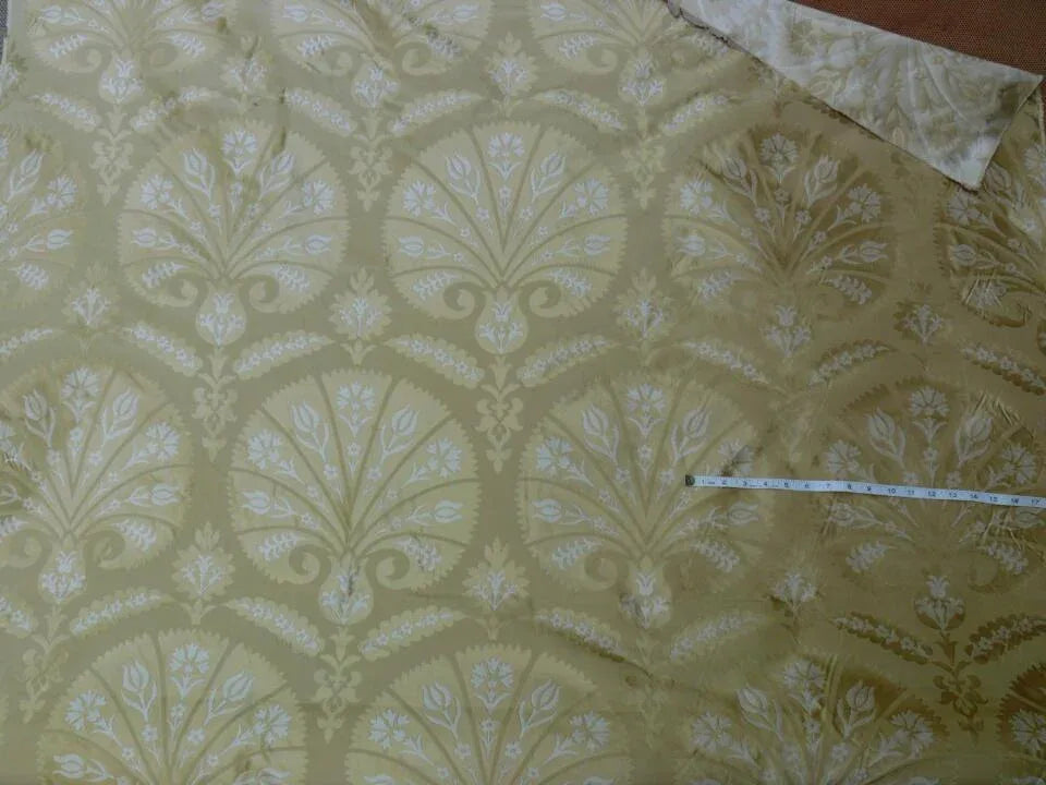 100%silk Lampas Tulip Fan Damask 536 "flax" Off White Beige Gold Bty MSRP USD296/y!
