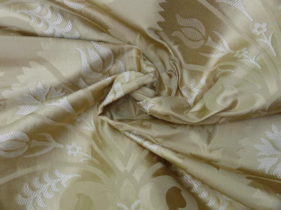 100%silk Lampas Tulip Fan Damask 536 "flax" Off White Beige Gold Bty MSRP USD296/y!