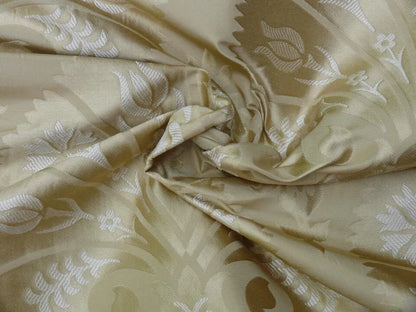 100%silk Lampas Tulip Fan Damask 536 "flax" Off White Beige Gold Bty MSRP USD296/y!