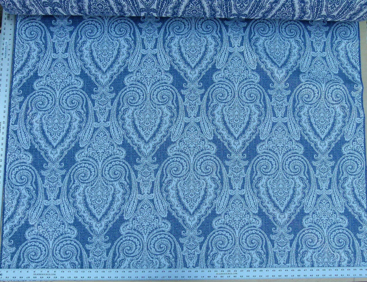 Scalamandre Harwich Port Indigo Outdoor Classic Damask Old World Weavers Fabric Blue &amp; White MSRP USD 270/Y