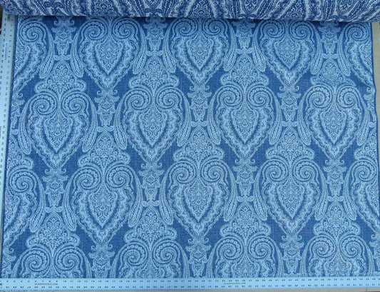 Scalamandre Harwich Port Indigo Outdoor Classic Damask Old World Weavers Fabric Blue & White MSRP USD 270/Y
