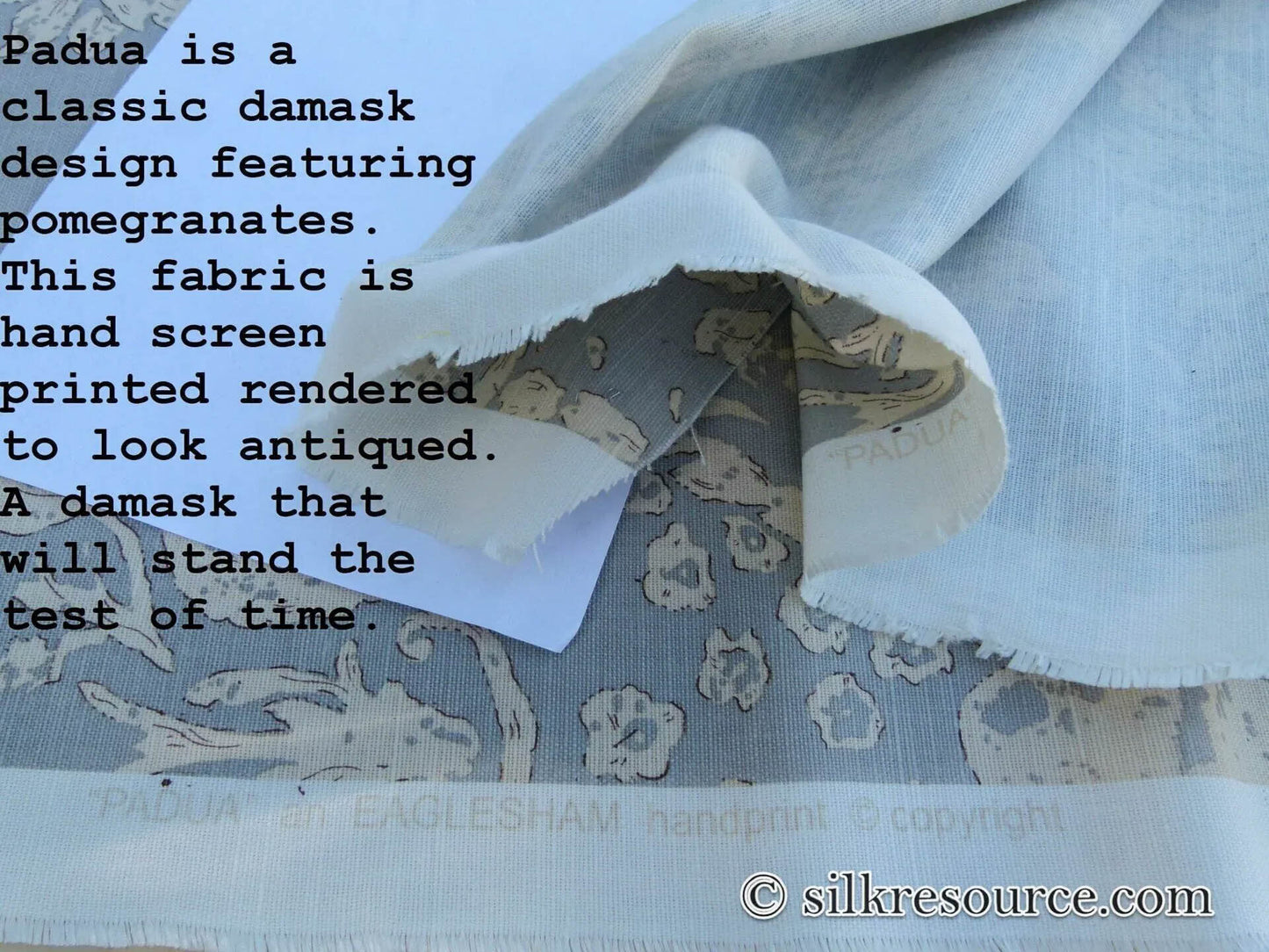 Scalamandre Padua Blue ecru Classic Pomegranates Hand Printed Linen in U.S.  MSRP USD 174/y