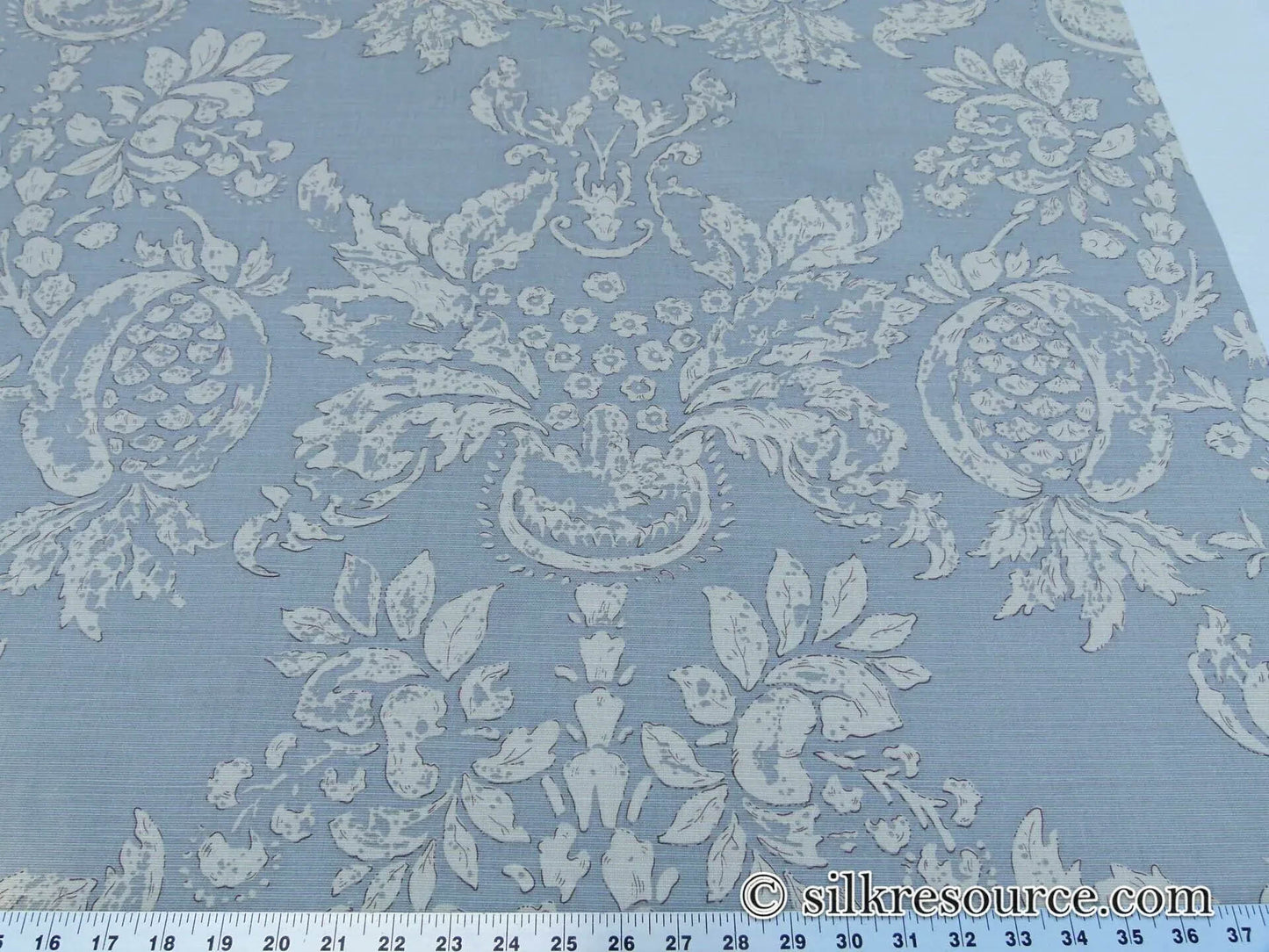 Scalamandre Padua Blue ecru Classic Pomegranates Hand Printed Linen in U.S.  MSRP USD 174/y