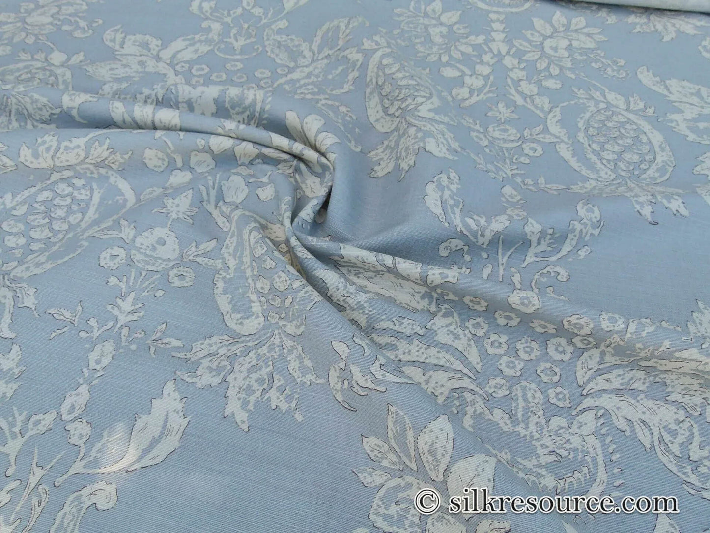 Scalamandre Padua Blue ecru Classic Pomegranates Hand Printed Linen in U.S.  MSRP USD 174/y