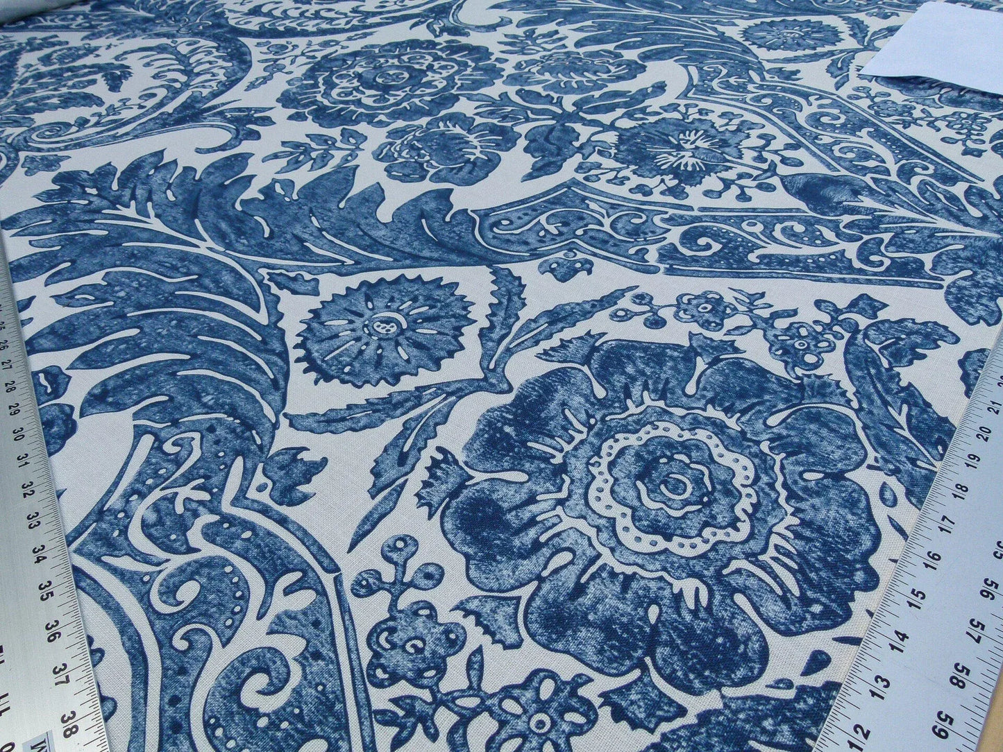 Scalamandre Luciana Damask Linen Print Denim Damask Print Blue White MSRP USD 346