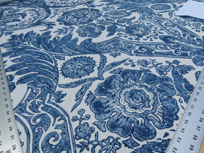 Scalamandre Luciana Damask Linen Print Denim Damask Print Blue White MSRP USD 346