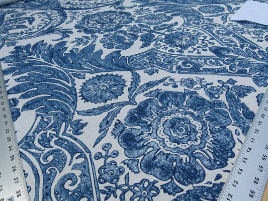 Scalamandre Luciana Damask Linen Print Denim Damask Print Blue White MSRP USD 346