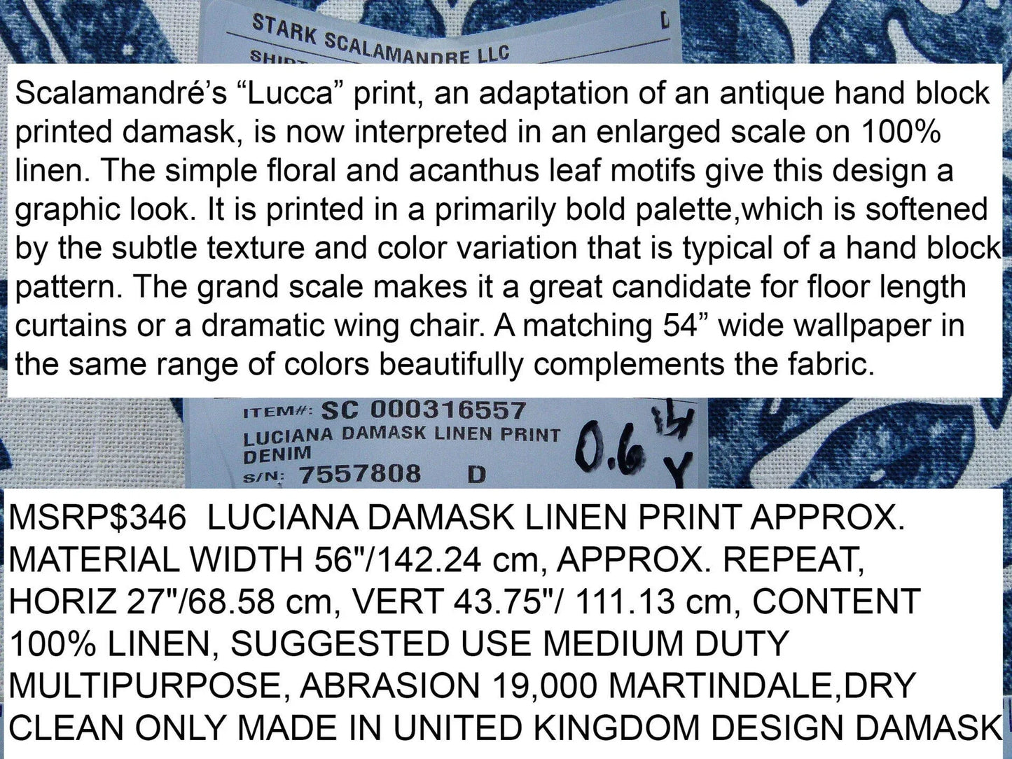 Scalamandre Luciana Damask Linen Print Denim Damask Print Blue White MSRP USD 346