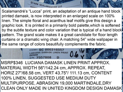Scalamandre Luciana Damask Linen Print Denim Damask Print Blue White MSRP USD 346