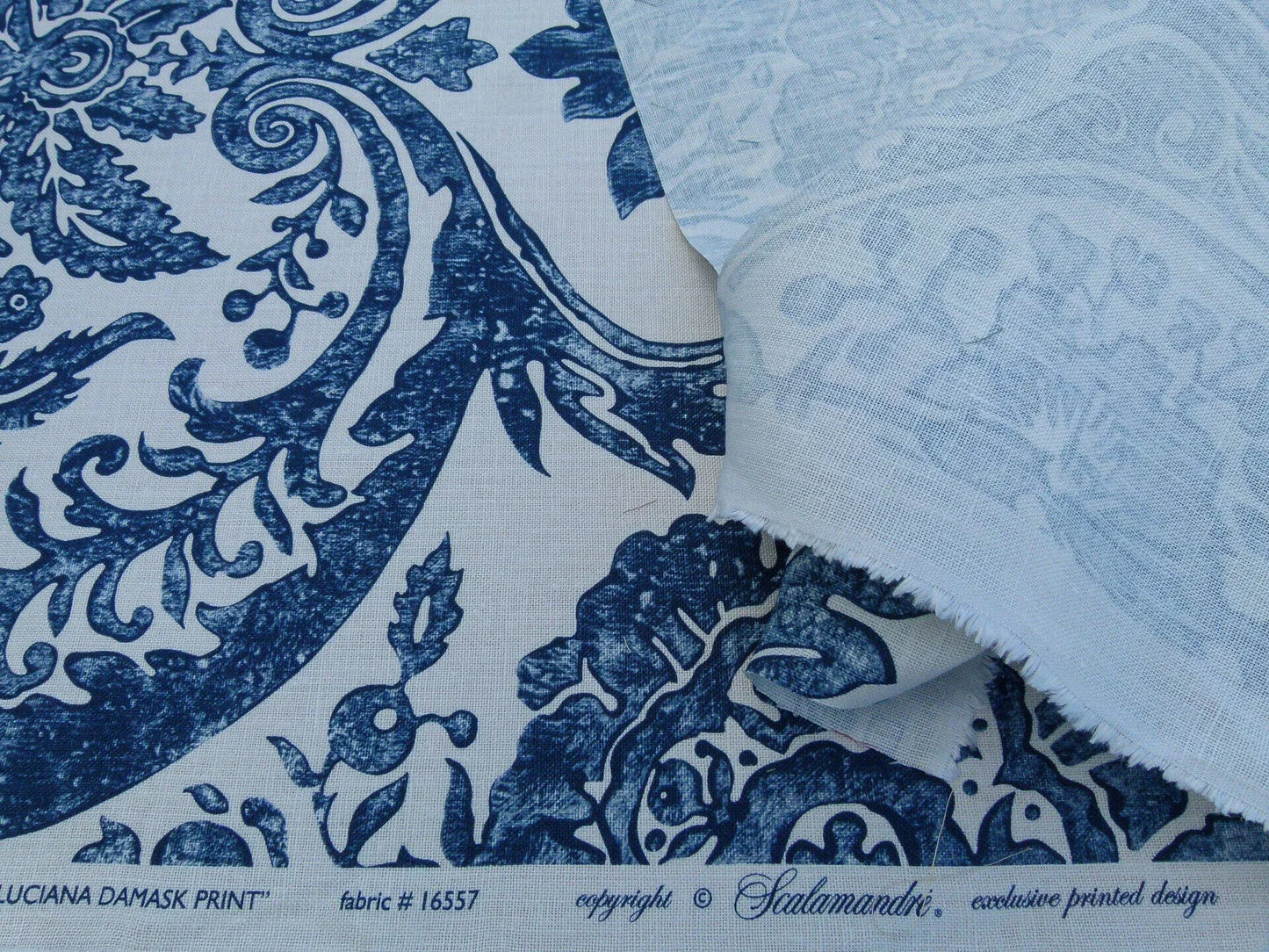 Scalamandre Luciana Damask Linen Print Denim Damask Print Blue White MSRP USD 346