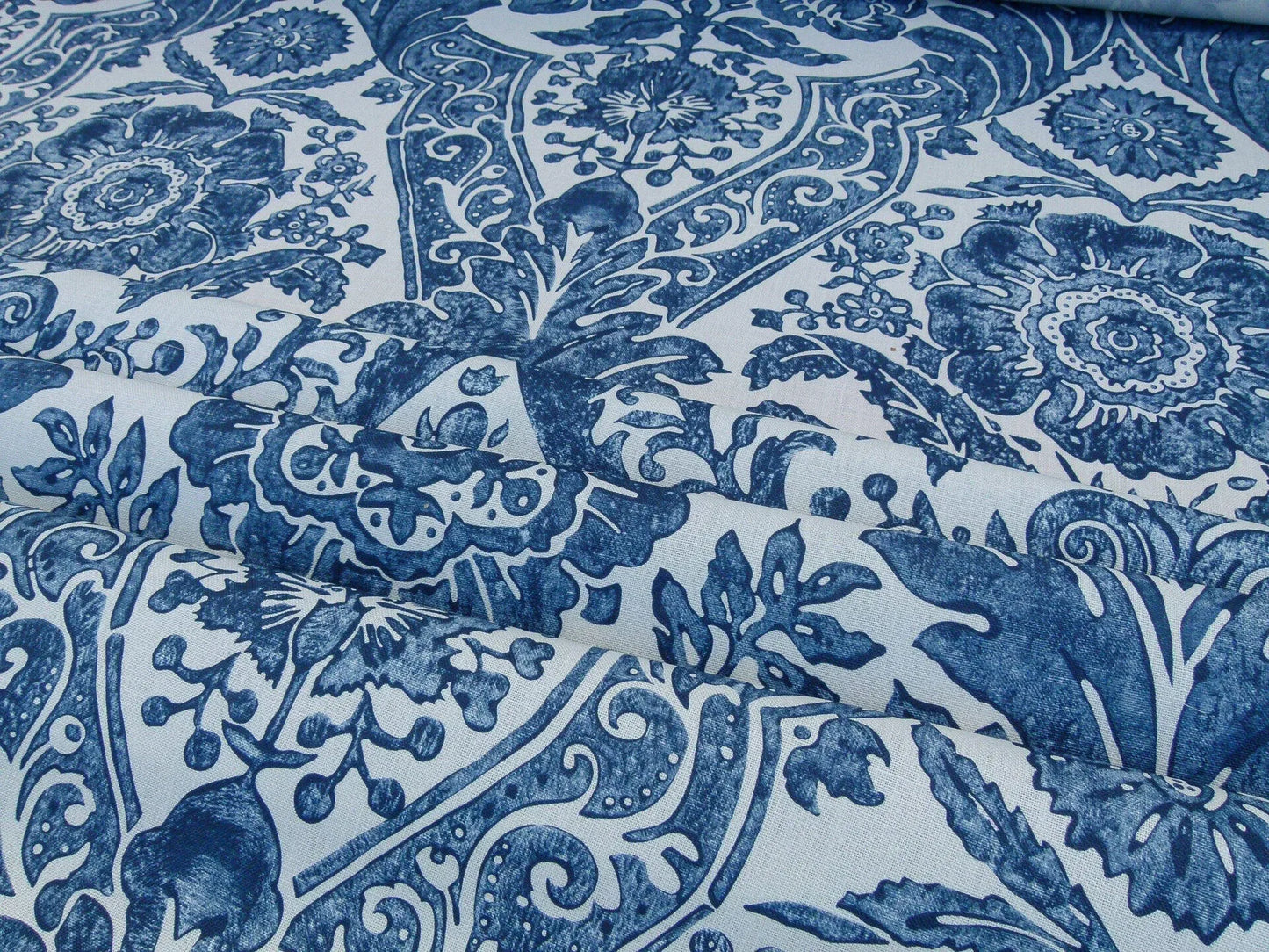 Scalamandre Luciana Damask Linen Print Denim Damask Print Blue White MSRP USD 346