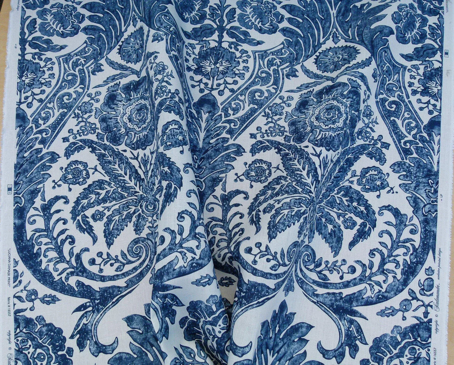 Scalamandre Luciana Damask Linen Print Denim Damask Print Blue White MSRP USD 346