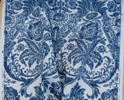 Scalamandre Luciana Damask Linen Print Denim Damask Print Blue White MSRP USD 346